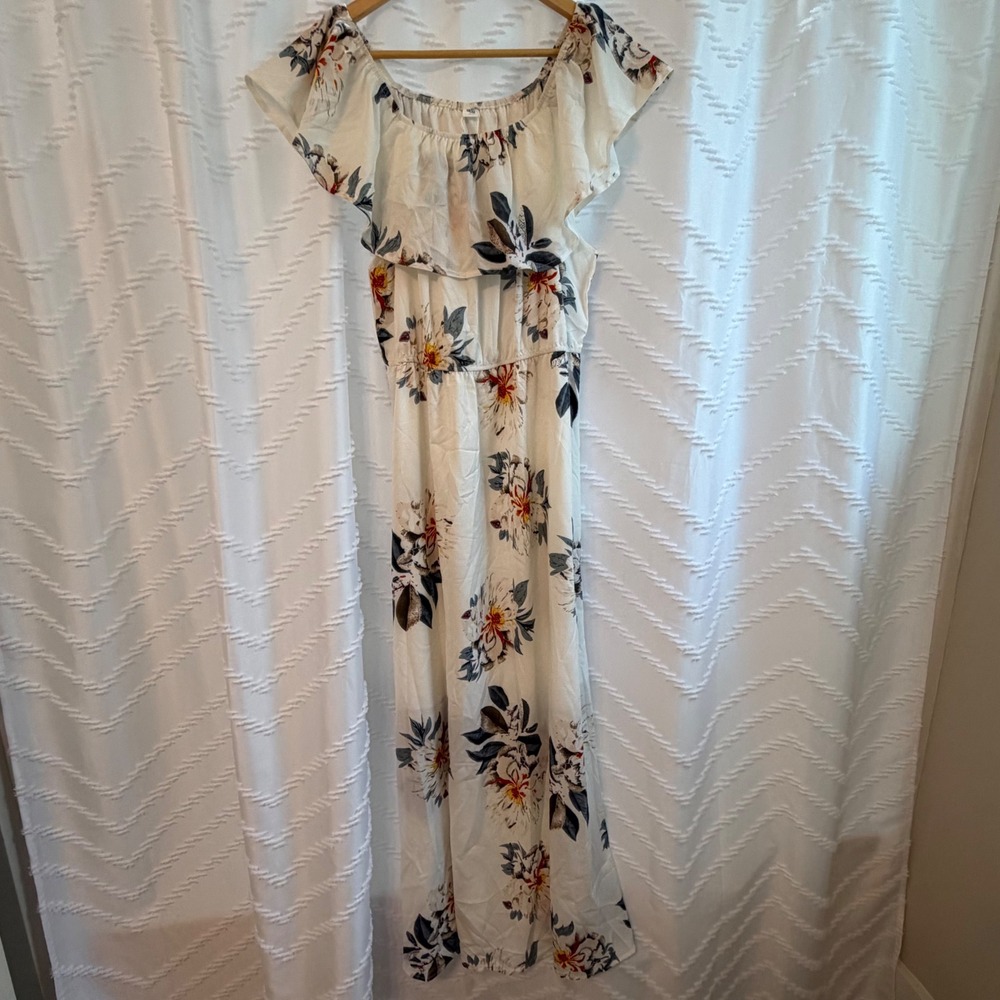 PopReal Women XL White Floral Off Shoulder Ruffle Maxi Dress Boho Summer New